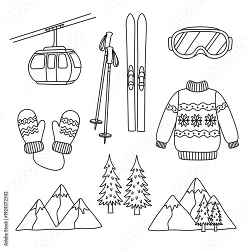 A black and white line art illustration of various skiing and winter sports icons and objects