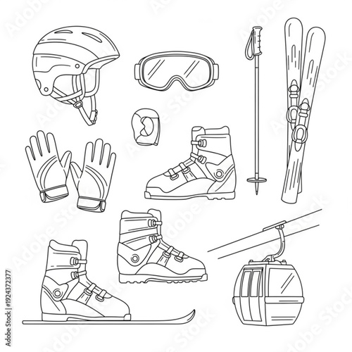 A set of black and white line drawings of various skiing equipment and accessories