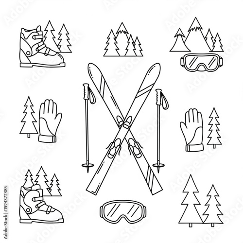 A set of minimalist line art illustrations depicting various skiing and snowboarding icons and accessories