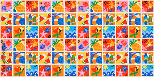 A colorful summer collage with a seamless nautical pattern. A vibrant tropical motif for textile, wallpaper, and fabric designs. A cheerful, festive cubist-style background.