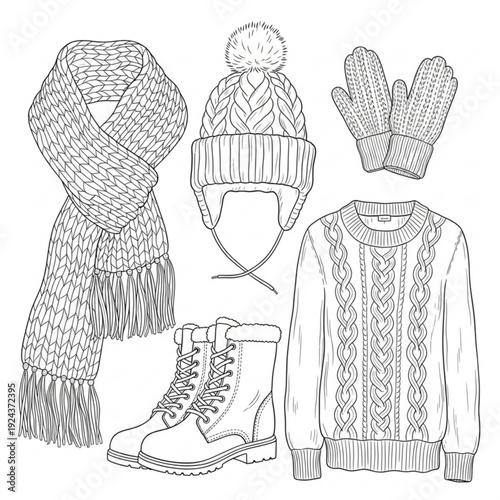 A black and white line drawing of winter clothing including a scarf, hat, gloves, sweater, and boots