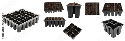 Schilderij op canvas Set and collection of plastic seedling starter trays with soil compartments for