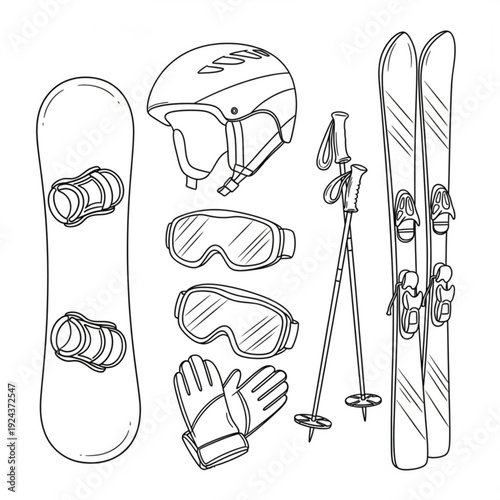 A vector graphic illustration of various winter sports equipment, including a snowboard, ski helmet, goggles, gloves, skis, and ski poles, arranged on a white background