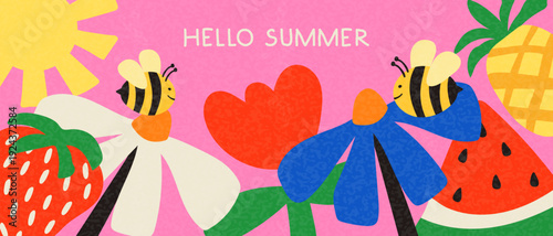 Hello, Summer! banner with bright fruits, flowers, sun, and bees on a pink background. A cheerful summer poster for advertising, covers, and social media.