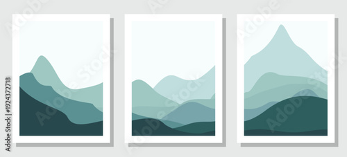 Modern minimalist mountain landscape posters in soothing green tones