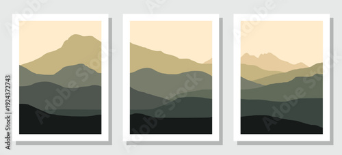 Seni lanskap pegunungan minimalis dalam nuansa warna tanah untuk dekorasi rumah.