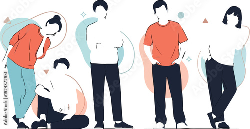 People gestures vector illustration set. Includes four persons with different postures. Created in modern line style with orange, blue and white colors.