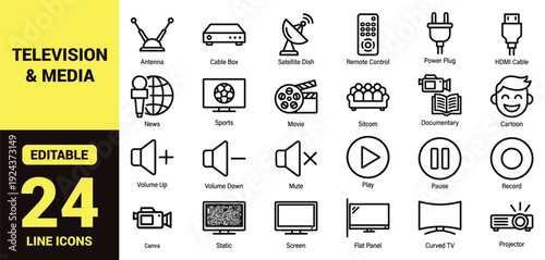 Television and media icon set with antenna, cable box, satellite dish, remote control, HDMI cable, projector, smart TV, streaming, movie, sports, news, and essential television ranking symbols