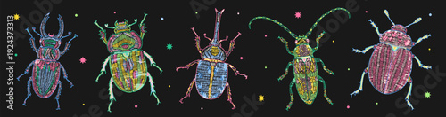 Large set of colorful hand-drawn beetles: Stag, Scarab, Rhinoceros, Longhorn, and Leaf beetle. Perfect for poster, wall art, textile and modern print design.