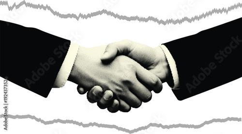 Two men in black suits shaking hands in a pixelated, halftone dot pattern style with ripped edges, symbolizing agreement and partnership on a transparent background.