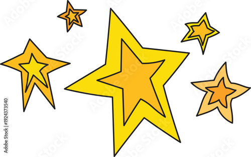 A collection of brightly colored yellow stars with overlapping outlines are displayed against a plain white background high quality professional detailed