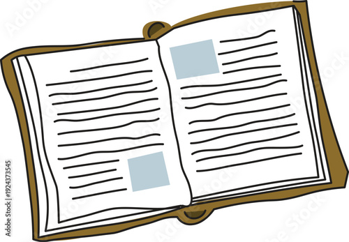 A hand drawn illustration depicts an open book with blank pages and a brown rounded cover resting on a white background