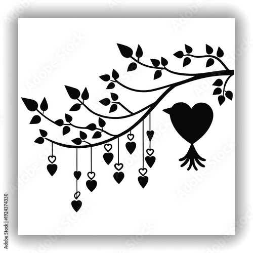 A silhouette image featuring a tree branch and a bird. The branch extends horizontally from the left, with small leaves and hanging strings. From these strings dangle several heart-shaped ornaments. A