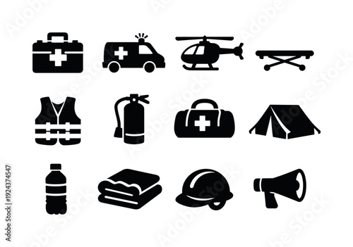Solid vector icons of disaster relief: first aid kit, ambulance, rescue helicopter, stretcher, life jacket, fire extinguisher,