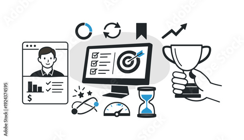 Modern minimal flat vector conceptual collage, crisp hard edges, consistent THIN outline stroke, rounded corners where needed,