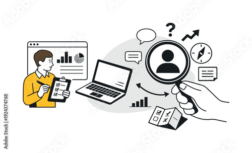 Modern minimal flat vector conceptual collage, crisp hard edges, consistent THIN outline stroke, rounded corners where needed,