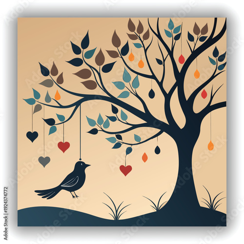 A silhouette image featuring a tree branch and a bird. The branch extends horizontally from the left, with small leaves and hanging strings. From these strings dangle several heart-shaped ornaments. A