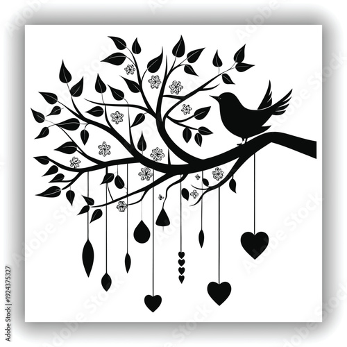A silhouette image featuring a tree branch and a bird. The branch extends horizontally from the left, with small leaves and hanging strings. From these strings dangle several heart-shaped ornaments. A