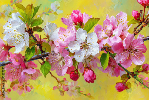 A delicate oil painting captures a branch of blooming pink cherry blossoms against a textured pastel blue background