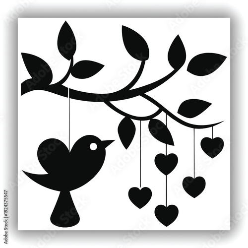 A silhouette image featuring a tree branch and a bird. The branch extends horizontally from the left, with small leaves and hanging strings. From these strings dangle several heart-shaped ornaments. A
