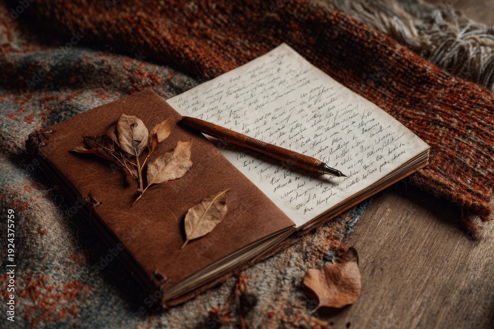Fototapeta premium Vintage journal with autumn leaves on rustic surface