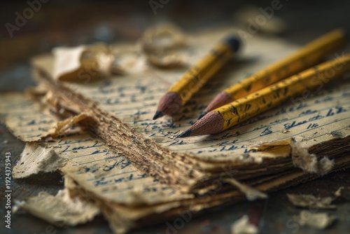 Vintage pencils on weathered antique manuscript pages