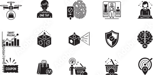 Smart Shopping and AI Retail Technology Icon Set - Drone Delivery, Fingerprint Security, and Intelligent Consumer Experience Solid Glyph Vector