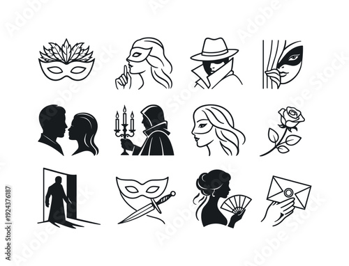 Masquerade Opera Icons. Line style of masquerade opera night vector icons: masquerade, mystery, secret, allure; silhouette, shadow