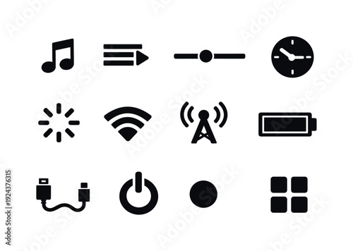 Solid vector icons of audio playback experience: music note, playlist, progress bar, time counter, buffering spinner, connection