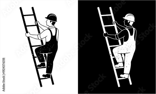 Construction worker climbing a ladder, symbolizing progress and hard work.