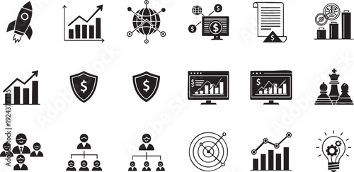 Business Growth and Financial Success Glyph Icon Set - Investment Strategy, Data Analysis, and Corporate Management Vector