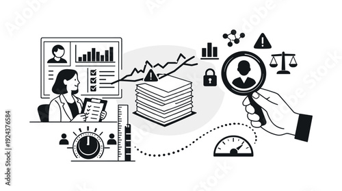 Business analytics and data management concepts illustrated with icons and charts