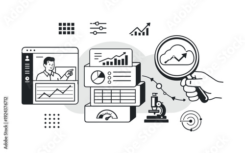 Modern minimal flat vector conceptual collage, crisp hard edges, consistent THIN outline stroke, rounded corners where needed,