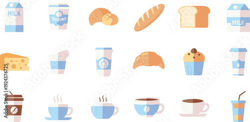 A delightful assortment of breakfast and coffee items illustrated in a charming watercolor style isolated on transparent background, Vector