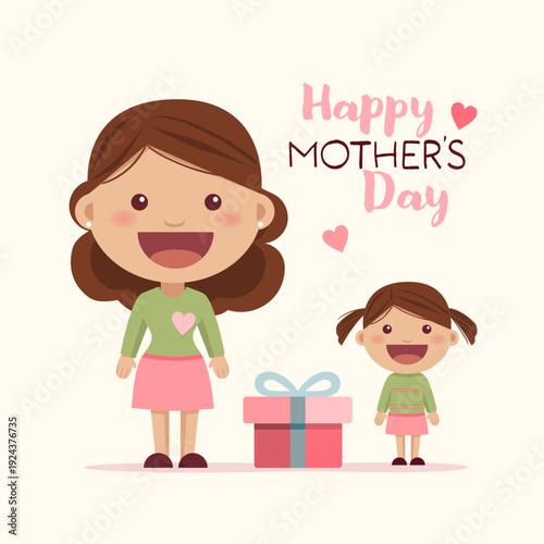 Happy Mothers day wishes card. A little girl gives a gift to her mother