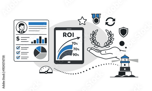 Minimalist Finance Collage. Modern minimal flat vector conceptual collage, crisp hard edges, consistent THIN outline stroke,