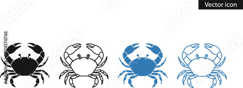 Four stylized vector illustrations of crabs in different colors and designs isolated on transparent background, Vector