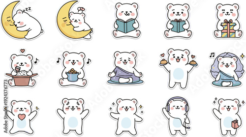 Collection of whimsical cartoon bears engaging in playful and cozy nighttime activities isolated on transparent background, Vector