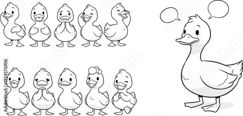 A group of ducks with one duckling thinking thoughtfully in a line-up isolated on transparent background, Vector