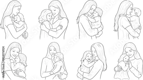 Historical illustrations of various breastfeeding positions across different cultures and time periods isolated on transparent background, Vector