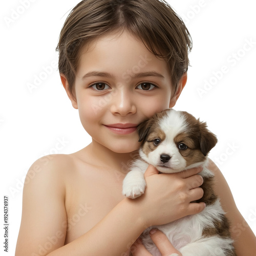 Boy Holds Puppy and Smiles in a Bright Indoor Setting During the Day