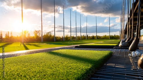 Scenic Golf Driving Range at Sunset with Equipment for Practice Sessions