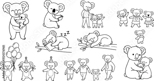 A playful collection of koalas engaging in various activities and poses isolated on transparent background, Vector