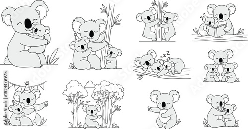 Collection of koala illustrations in various playful and natural poses isolated on transparent background, Vector