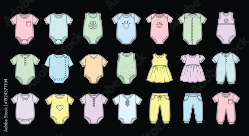 Colorful assortment of baby rompers and outfits for various occasions isolated on transparent background, Vector
