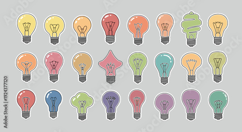 Colorful array of creative lightbulb ideas for brainstorming and innovation sessions isolated on transparent background, Vector