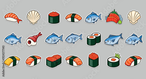 A variety of colorful sushi and seafood icons displayed in a visually appealing arrangement isolated on transparent background, Vector