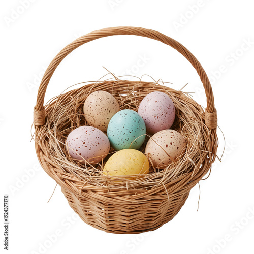 Colorful Eggs in a Basket With Straw for Easter Celebration or Decoration Ideas