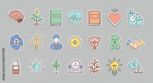 Collection of icons representing health, wellness, and education themes isolated on transparent background, Vector