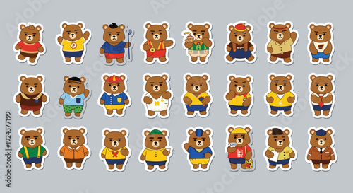 Colorful cartoon bears wearing various sports and activity outfits in a grid layout isolated on transparent background, Vector